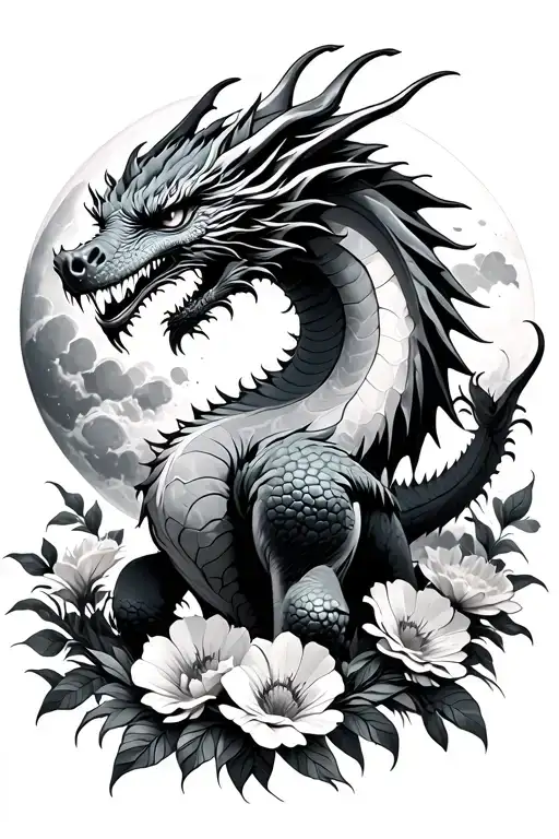 Dragon Standing On Flowers Looking At Moon