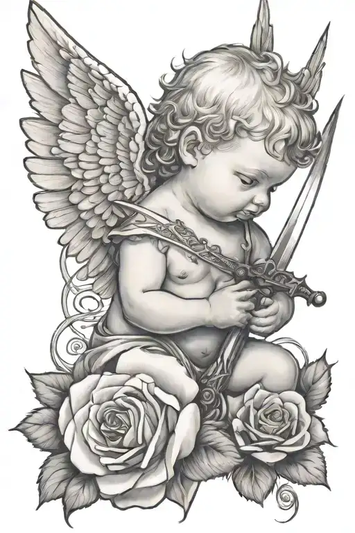 Baby Angel With Red Rose And Sword