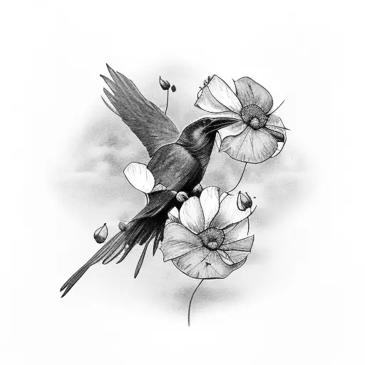 Raven With Dogwoods And Poppies