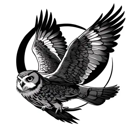 Flying Owl With Moon Background Black