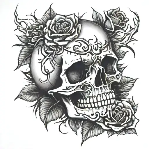Skull And Black And Red Roses With Thorns From Ribs To Thigh