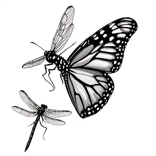 Monarch Butterfly And Dragonfly Circling Each Other