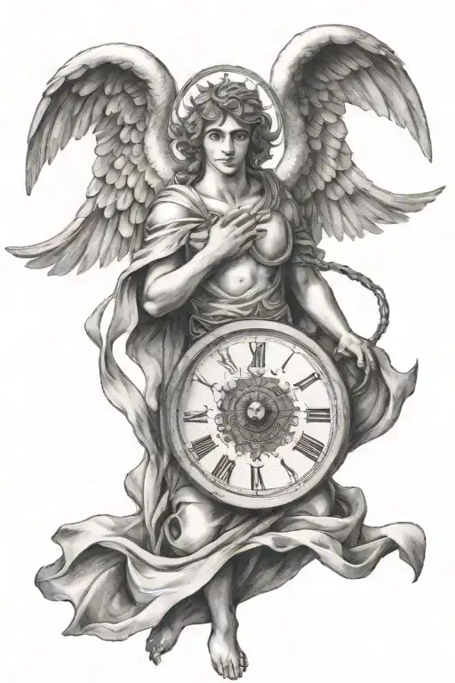 Tattoo For Men Of An Angel Holding A Pendulum With A Heart In The Center