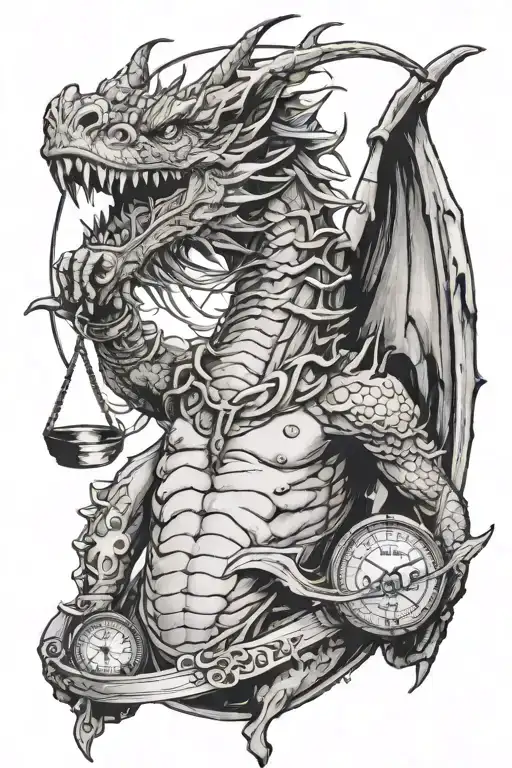 Create A Picture Of A A Dragon Sitting Proud With The Libra Scales Of Justice Hanging From It Mouth