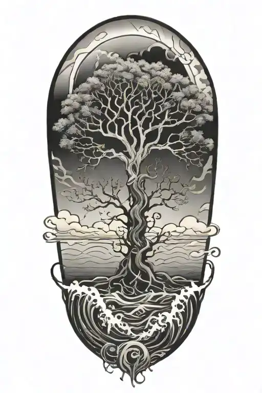 Tree Of Life Surrounded By Violent Stormy Seas