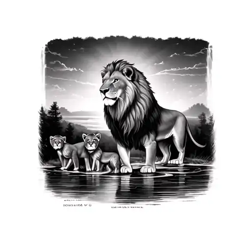 Lion With Cubs Sunset Waterfalls