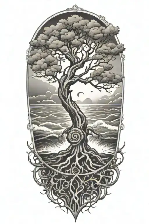 Tree Of Life With Deep Roots Surrounded By Violent Stormy Seas And Skies And Wind