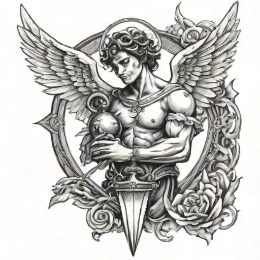 Tattoo For Men Of An Angel Holding A Pendulum With A Heart In The Center