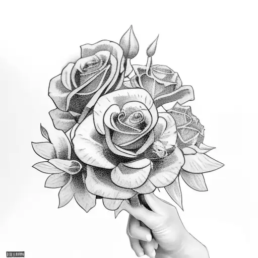 A Black-grey Tattoo Of Your Granny Holding A Bouquet Of Flowers With A Truck In The Background