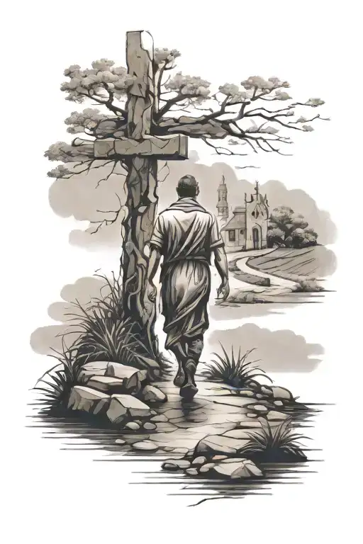 Guy Walking Down Path Towards Cross