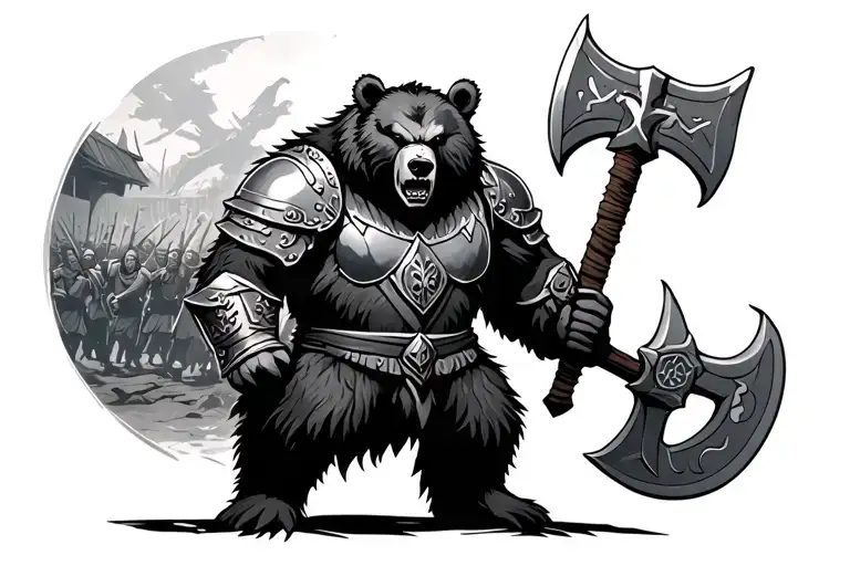 Angry Black And Grey Bear In Viking Armor Holding A Battle Axe With A Battle Scene Behind Him