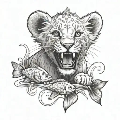Lion Cub And A Fish