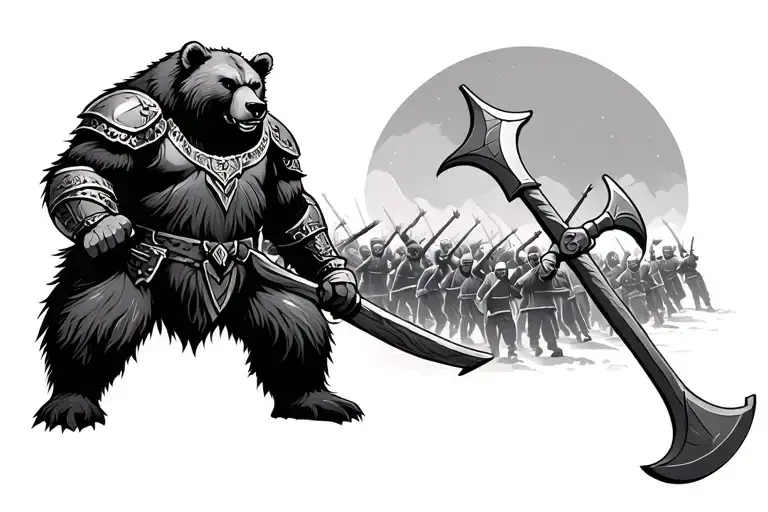 Back And Grey Bear In Viking Armor Holding A Battle Axe With A Battle Scene Behind Him