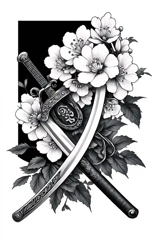 Katana Samurai Sword With Sakura Flowers Black And White