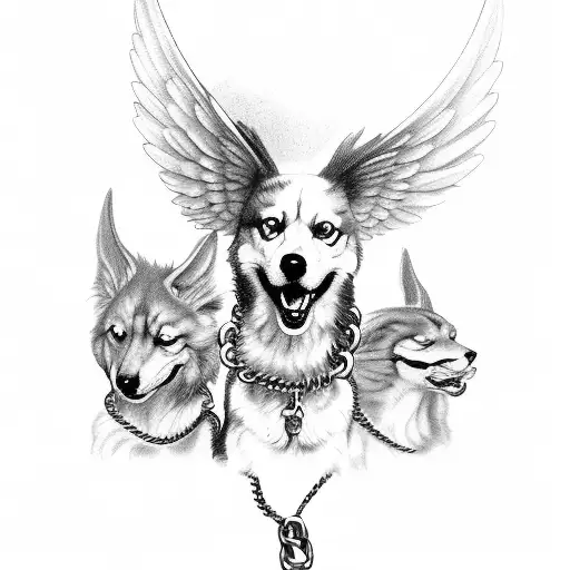 Cerberus On A Chain Leash Being Held By An Angel