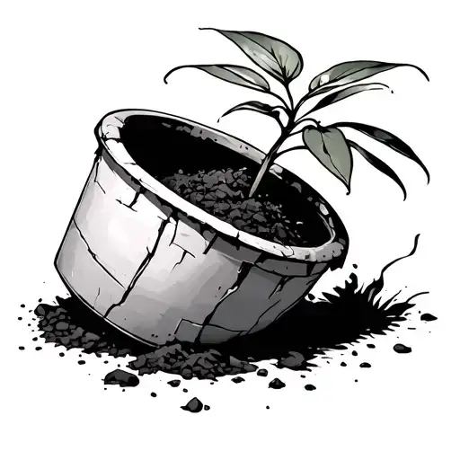 Plant In A Cracked Pot On Its Side With A Bit Of Dirt Spilling Out Black And White Thin Lined