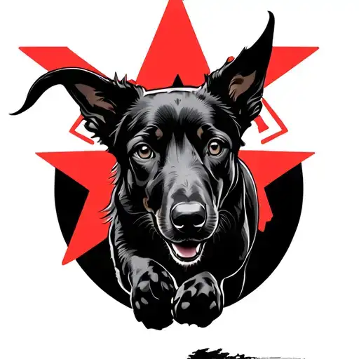 A Black Kelpie Running With A Red Communist Star In The Background