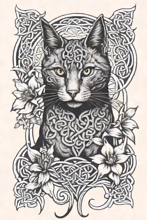 Cat And Daffodil Flowers With Celtic Knot Intertwined