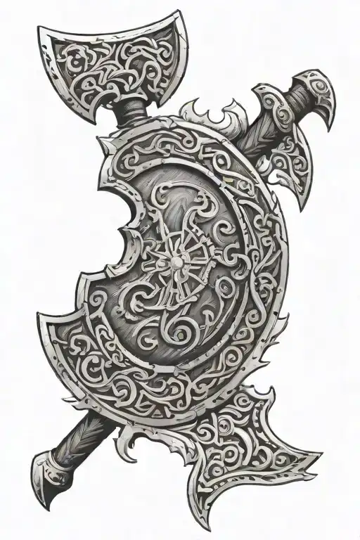 Make A Viking Shield And Axe With Convoluted Engravings Of Norse Mythology For The Shoulder