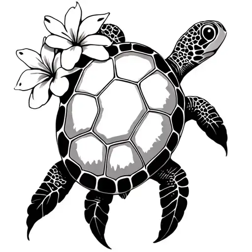 Sea Turtle With Plumeria Flower Intertwined
