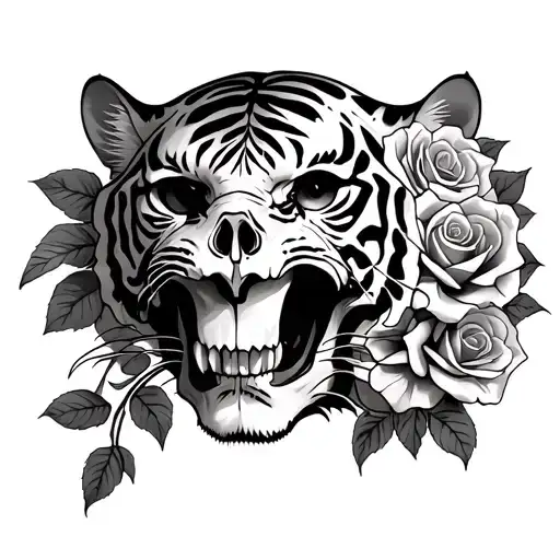 Tiger Half Skull With Roses Intertwined