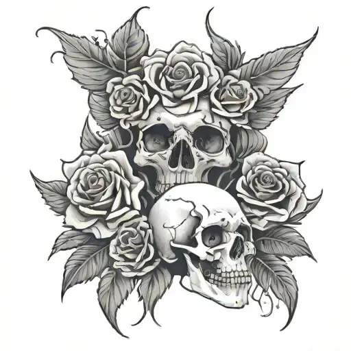 Black And Red Rose Thronebush And Skulls Surrounded Ribs To Thigh