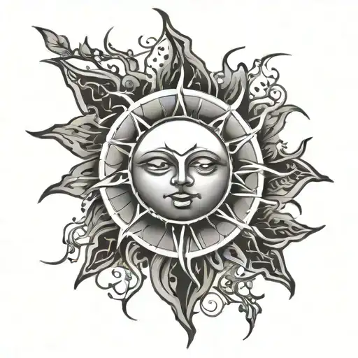 Linework Shaded Tattoo Of A Sun With Thorned Branches In Between The Sunrays