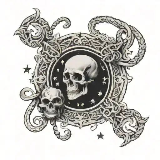 Celtic Art Background With Submit Memento Mori Art And 2 Scorpio Constellations Intertwined