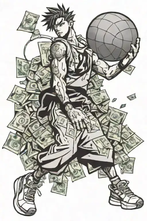 An Anime Character Holding A Pile Of Money With A Basketball Hoop In The Background