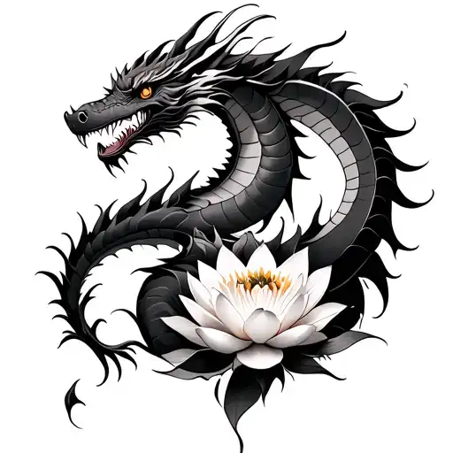 Tatto Back A Dragon And Up Lotus Flower