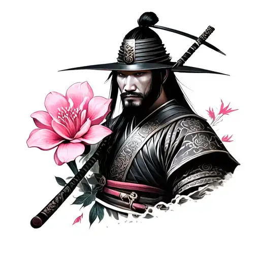 Samurai With Pink Flower Around