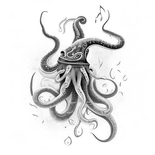 A Mesmerizing Black And Grey Tattoo Of A Squid Surrounded By Musical Notes