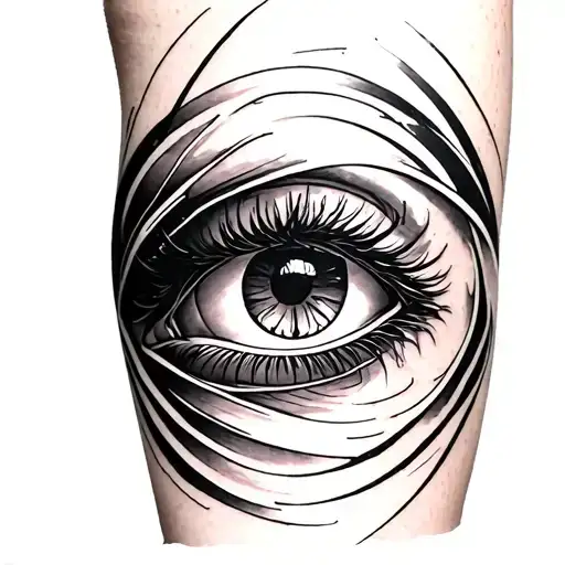 Abstract Sketch Tattoo On Knee With Straight Lines And Eye