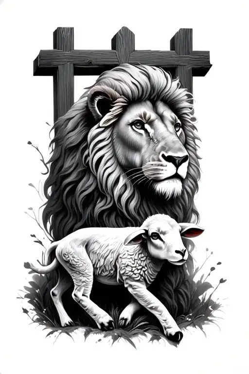 Cross With Lion And Lamb Realistic