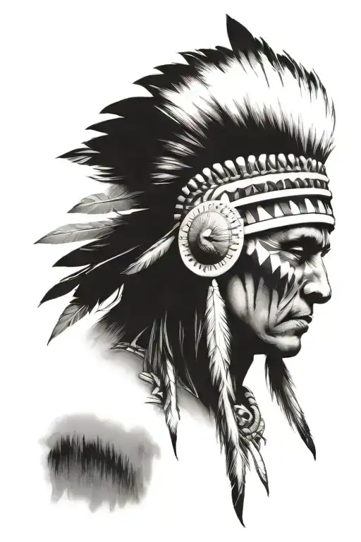 Native American Face With Head Dress With Partial Skull Exposed