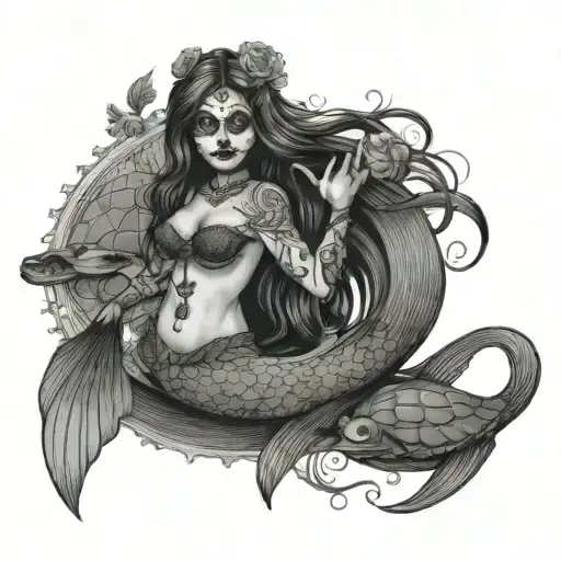 Day Of The Dead Mermaid With Turtles Swimming In The Ocean