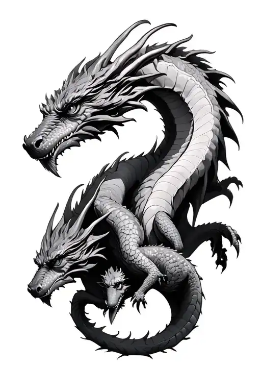 Mother European Dragon Protecting 4 Baby Dragons Intertwined