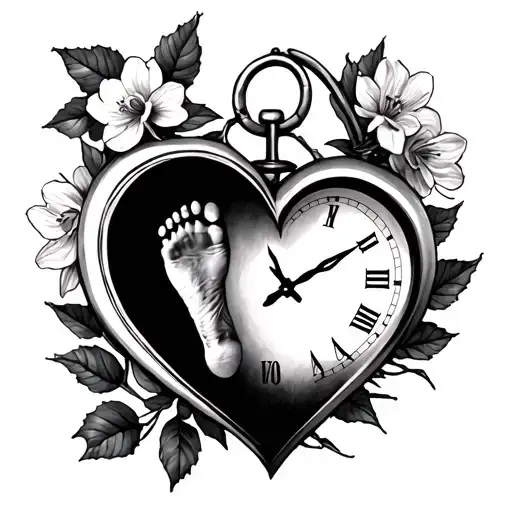 Heart Clock With Baby Footprint On Left Side Name And Date Tattoo Holly And Narcissus