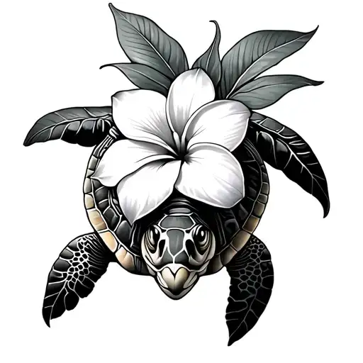 Sea Turtle With Plumeria Flower Intertwined