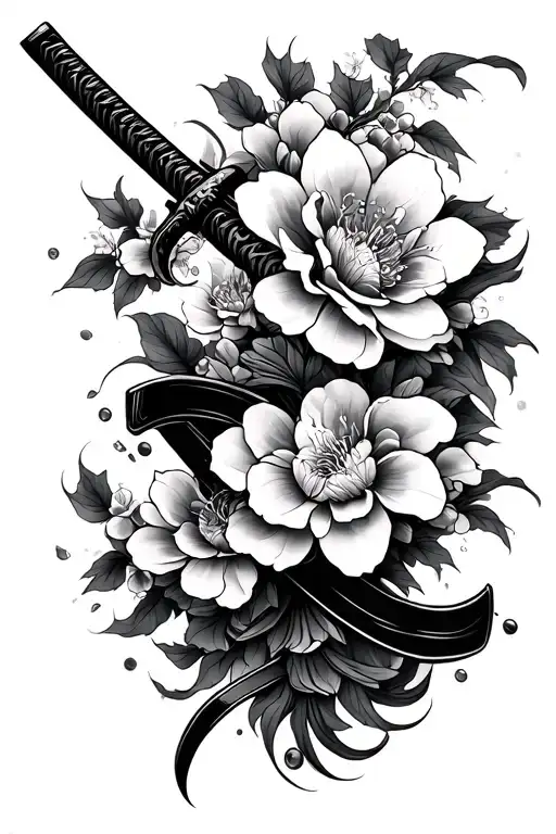 Katana And Sakura Black And White