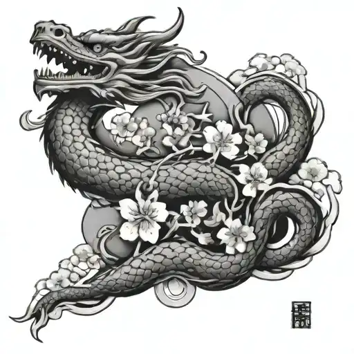 Japanese Half Sleeve With Dragon And Cherry Blossoms