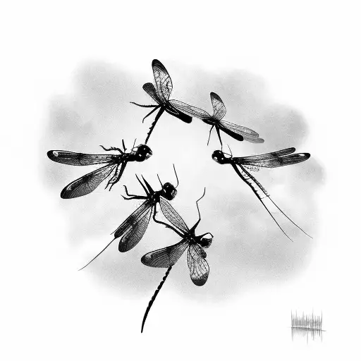 A Group Of Dragonflies Hovering Above A Meadow With Wildflowers