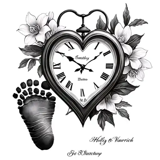 Heart Clock With Baby Footprint On Left Side Name And Date Tattoo Holly And Narcissus