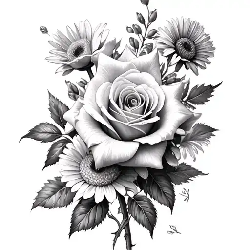 Rose And Daffidol And Aster Flowers