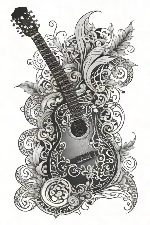 Incorporate A Guitar With Intricate Blackwork Designs Representing Different Psychological Concepts