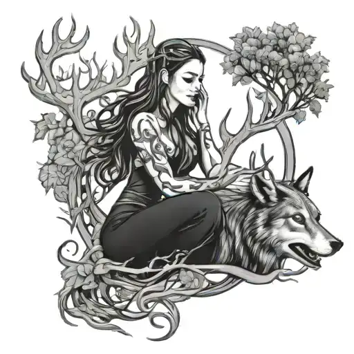 Yggdrasil With Woman With Antlers Wolf Companion