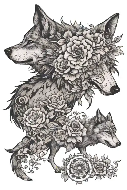 World Map And Wolf And Floral Design
