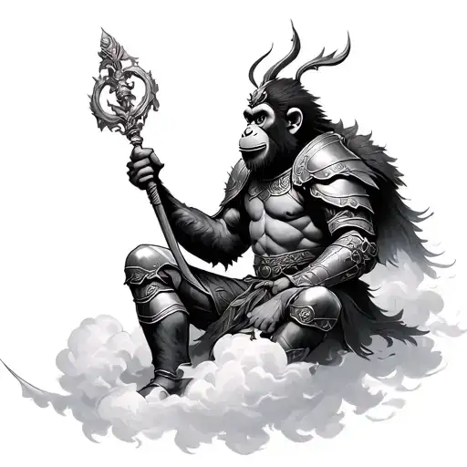 Monkey King In Armor Sitting In Cloud