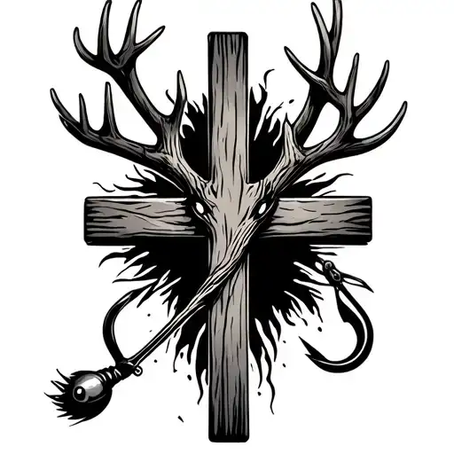 Old Rugged Cross With Antlers And Fishing Hook