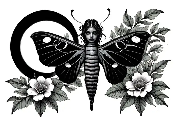 Luna Moth With Moon Phase And Flowers Around It Chest Tattoo Female